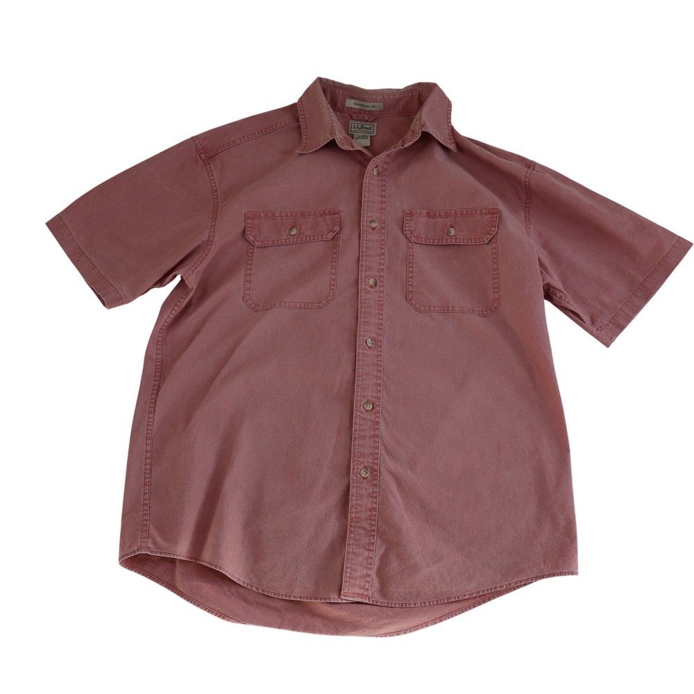 L.L. Bean Short Sleeve Button Up Men's Large Traditional Fit Salmon Pink Cotton